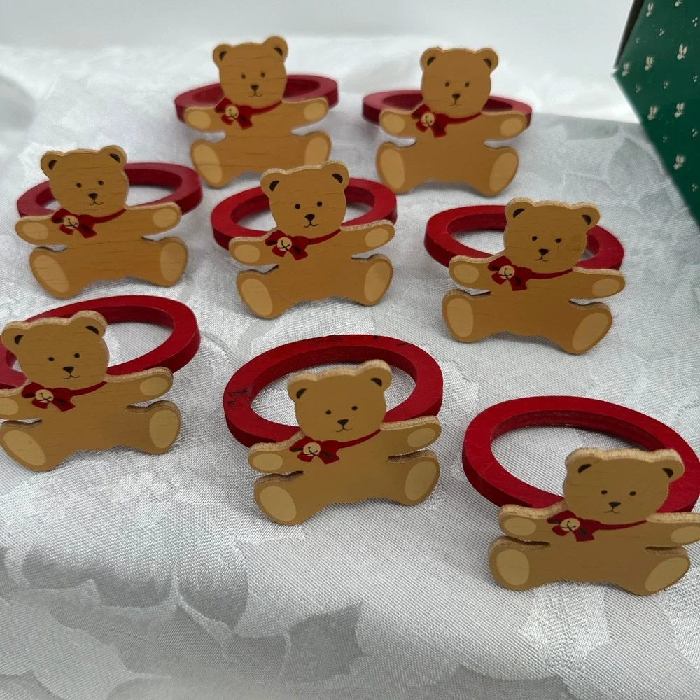 Hallmark Napkin Rings Red Good Ginger Bear Wooden Set of 8 Vintage XNR20-7